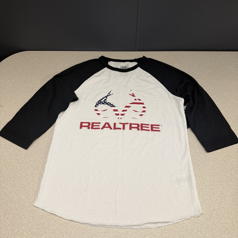 Realtree Blue American Flag Deer Antler Graphic T-shirt Size Large 10-12 Boys